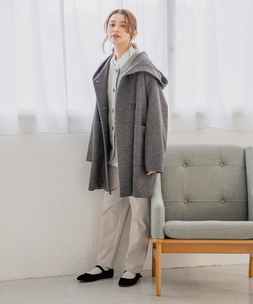 studio CLIP（スタディオクリップ）の「【軽量/ストレッチ/ソフトタッチ】ウールライクヘリンボンフードコート（ダッフルコート・レディース・チャコール/ベージュ/ライトグレー・FREE）」の7枚目の写真