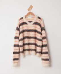 wool mix shaggy v neck border sweater / ウール混シャギーVネックボーダーニット