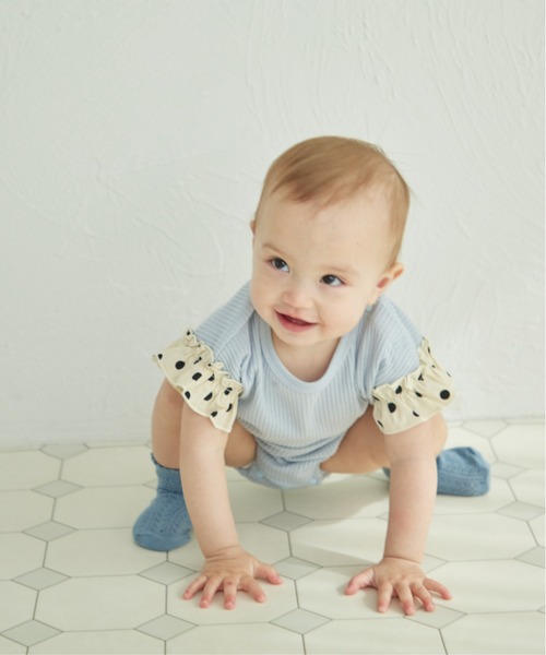 pairmanon（ペアマノン）の「【リンクコーデ】【ベビー】袖フリル 半袖ワッフルロンパース（ロンパース・キッズ・ライトブルー/カーキ/アイボリー/ライトベージュ/ブラック/ライトピンク/パープル/ピンク/ライトグリーン/サーモンピンク・70/80）」の11枚目の写真