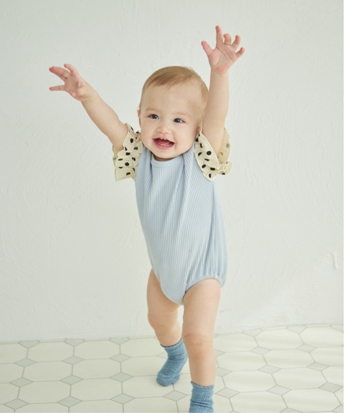 pairmanon（ペアマノン）の「【リンクコーデ】【ベビー】袖フリル 半袖ワッフルロンパース（ロンパース・キッズ・ライトブルー/カーキ/アイボリー/ライトベージュ/ブラック/ライトピンク/パープル/ピンク/ライトグリーン/サーモンピンク・70/80）」の12枚目の写真