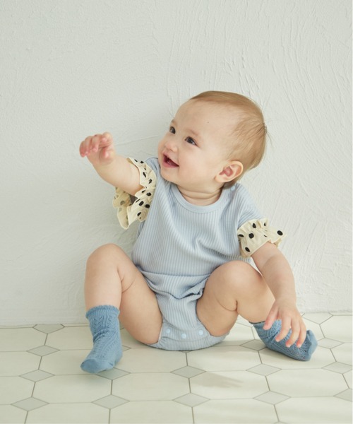 pairmanon（ペアマノン）の「【リンクコーデ】【ベビー】袖フリル 半袖ワッフルロンパース（ロンパース・キッズ・ライトブルー/カーキ/アイボリー/ライトベージュ/ブラック/ライトピンク/パープル/ピンク/ライトグリーン/サーモンピンク・70/80）」の13枚目の写真