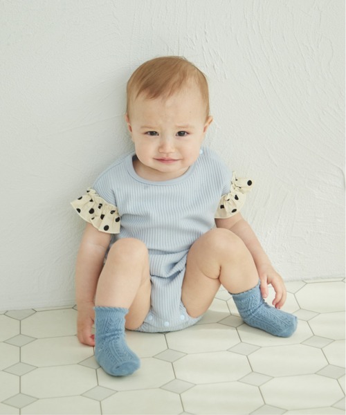 pairmanon（ペアマノン）の「【リンクコーデ】【ベビー】袖フリル 半袖ワッフルロンパース（ロンパース・キッズ・ライトブルー/カーキ/アイボリー/ライトベージュ/ブラック/ライトピンク/パープル/ピンク/ライトグリーン/サーモンピンク・70/80）」の14枚目の写真