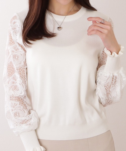 Lace Ladies(レースレディース)の「バルーン × フリル袖 レース切替 ニット プルオーバー(ニット/セーター・レディース・ホワイト/ブラック/グレー/ピンク・FREE)」の2枚目の写真