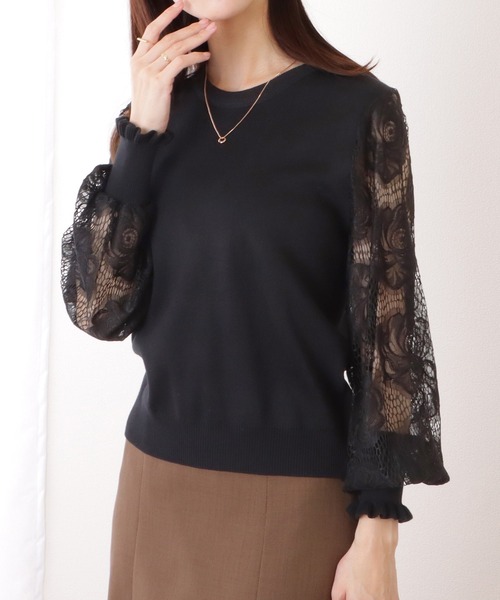 Lace Ladies(レースレディース)の「バルーン × フリル袖 レース切替 ニット プルオーバー(ニット/セーター・レディース・ホワイト/ブラック/グレー/ピンク・FREE)」の1枚目の写真