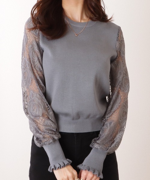 Lace Ladies(レースレディース)の「バルーン × フリル袖 レース切替 ニット プルオーバー(ニット/セーター・レディース・ホワイト/ブラック/グレー/ピンク・FREE)」の15枚目の写真
