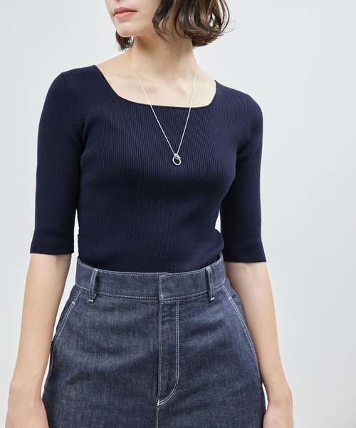 ROPE'(ロペ)の「シルクプロテインニット5分袖(Tシャツ/カットソー・レディース・ネイビー/オフホワイト/ホワイト系その他5/サックスブルー・FREE)」の4枚目の写真