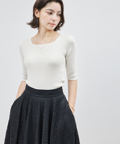 ROPE'(ロペ)の「シルクプロテインニット5分袖(Tシャツ/カットソー・レディース・ネイビー/オフホワイト/ホワイト系その他5/サックスブルー・FREE)」の2枚目の写真