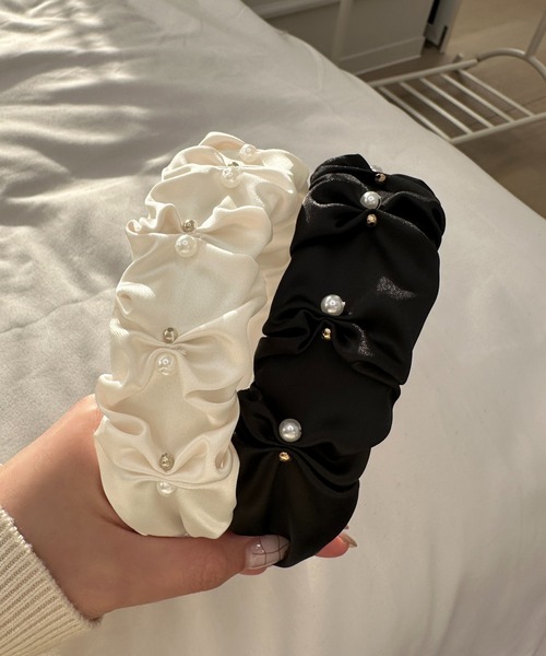 ハンドメイド パールビジューモカベージュカチューシャ♥️ 楽天市場】カチューシャ 淡水パール 華やか フリル ビジュー