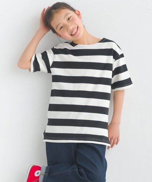 OMNES（オムネス）の「キッズ10番単ボーダー半袖プルオーバー（Tシャツ/カットソー・キッズ・ホワイト系その他/パープル系その他/ホワイト×ブラック/ホワイト×ブルー/グレー系その他/ホワイト×ネイビー・140/130/120/110/100）」の4枚目の写真