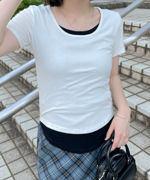 WEGO(ウィゴー)の「WEGO/バイカラーレイヤードラウンドネックトップス(Tシャツ/カットソー・レディース・ブラック/ホワイト・FREE)」の5枚目の写真