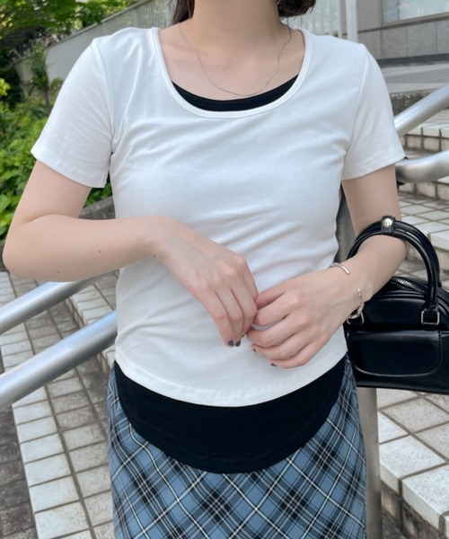 WEGO(ウィゴー)の「WEGO/バイカラーレイヤードラウンドネックトップス(Tシャツ/カットソー・レディース・ブラック/ホワイト・FREE)」の7枚目の写真