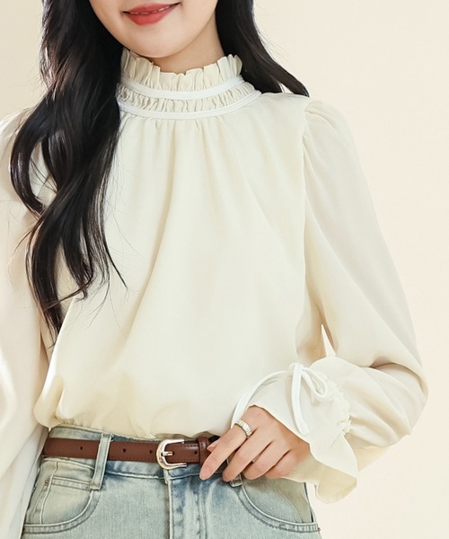 Lace Ladies ブラウス シャツ バンドカラー キャンディ袖 花柄