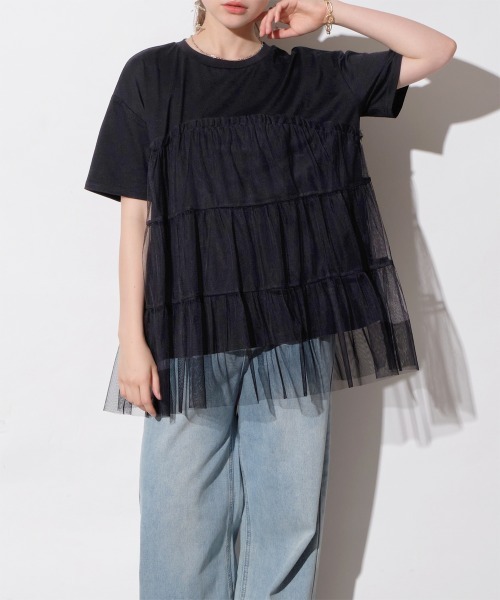 Rejoule（リジュール）の「チュールドッキングTシャツ（Tシャツ/カットソー・レディース・ブラック/ホワイト・FREE）」の10枚目の写真