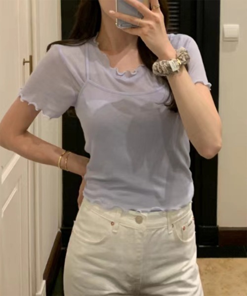 by muni:r(バイ ムニール)の「レイヤードウェーブ半袖Tシャツ+キャミソールSET(Tシャツ/カットソー・レディース・ホワイト/ブルー/ピンク/チャコール・FREE)」の14枚目の写真