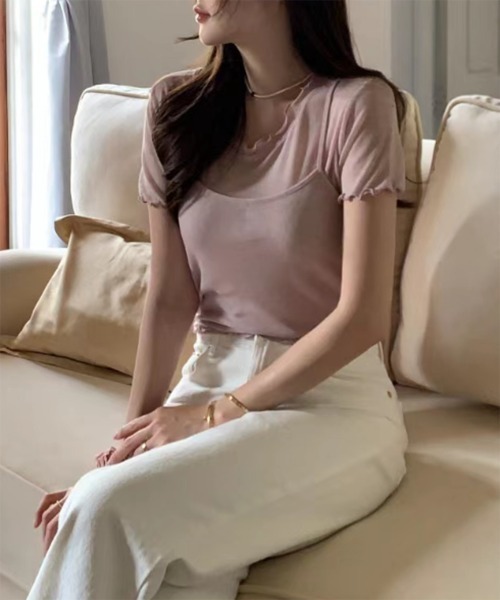 by muni:r(バイ ムニール)の「レイヤードウェーブ半袖Tシャツ+キャミソールSET(Tシャツ/カットソー・レディース・ホワイト/ブルー/ピンク/チャコール・FREE)」の19枚目の写真
