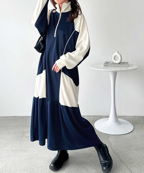 セール】《FIRSTMOODコラボ》ハーフジップ配色ワンピース（ワンピース