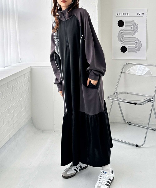 セール】《FIRSTMOODコラボ》ハーフジップ配色ワンピース（ワンピース