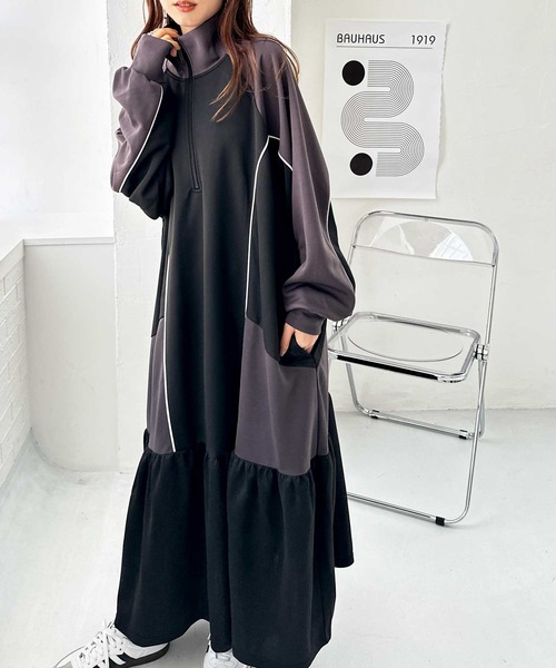 FIRST MOOD(ファーストムード)の「《FIRSTMOODコラボ》ハーフジップ配色ワンピース(ワンピース・レディース・ネイビー/ブラック・MEDIUM/LARGE)」の4枚目の写真