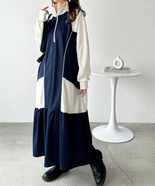 セール】《FIRSTMOODコラボ》ハーフジップ配色ワンピース（ワンピース