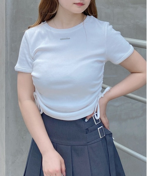 INGNI（イング）の「サイドギャザープレート付ピグメントリブTシャツ（Tシャツ/カットソー・レディース・オートミール/ブラック/オフホワイト・M）」の4枚目の写真