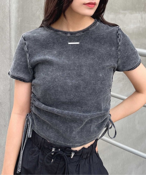 INGNI（イング）の「サイドギャザープレート付ピグメントリブTシャツ（Tシャツ/カットソー・レディース・オートミール/ブラック/オフホワイト・M）」の11枚目の写真