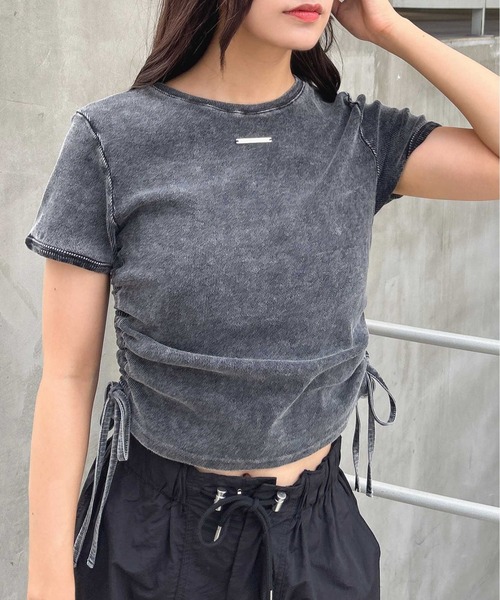 INGNI（イング）の「サイドギャザープレート付ピグメントリブTシャツ（Tシャツ/カットソー・レディース・オートミール/ブラック/オフホワイト・M）」の12枚目の写真