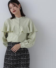 ◆バンドカラーラッフル長袖ブラウス