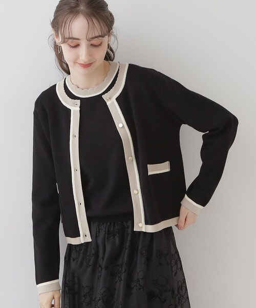 couture brooch(クチュールブローチ)の「◆【高級感のあるベーシックカーデ】配色スカラニットジャケット(カーディガン/ボレロ・レディース・アイボリー/ブラウン系その他/ブラック・40/38/42/36)」の19枚目の写真