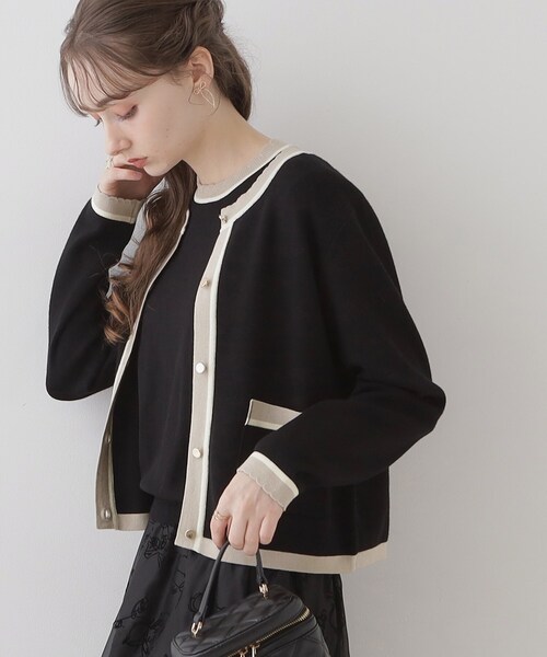 couture brooch(クチュールブローチ)の「◆【高級感のあるベーシックカーデ】配色スカラニットジャケット(カーディガン/ボレロ・レディース・アイボリー/ブラウン系その他/ブラック・40/38/42/36)」の20枚目の写真