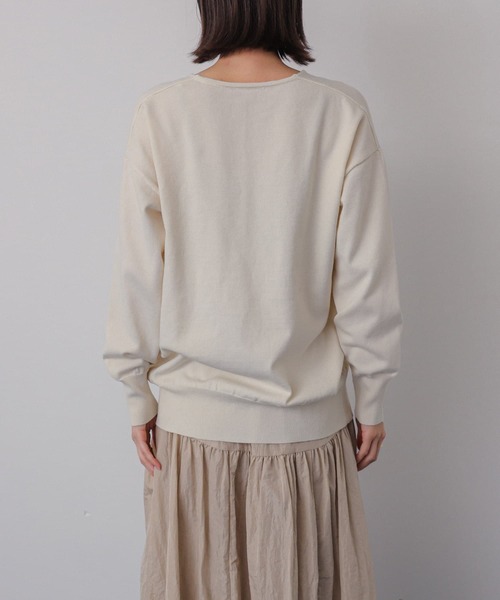 OPHRYS(オフィリス)クルーネックニット(サイズ42)(ラベンダー×オフホワイト) RBC】【5分袖】コットンブレンドクルーネックニット/ホワイト