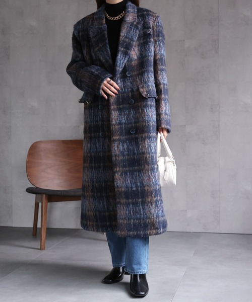セール】〈レディース商品〉チェック柄ロングシャギーチェスターコート