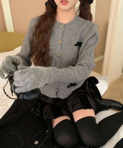 おしゃれスタ(オシャレスタ)の「ベルベットリボンカーディガン(カーディガン/ボレロ・レディース・グレー/レッド/ホワイト/ブラック/ピンク・FREE)」の3枚目の写真