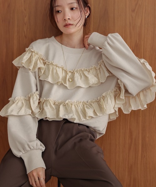 Bab(バブ)の「フリル使い裏毛トップス(Tシャツ/カットソー・レディース・アイボリー/チャコールグレー/ベージュ・FREE)」の16枚目の写真