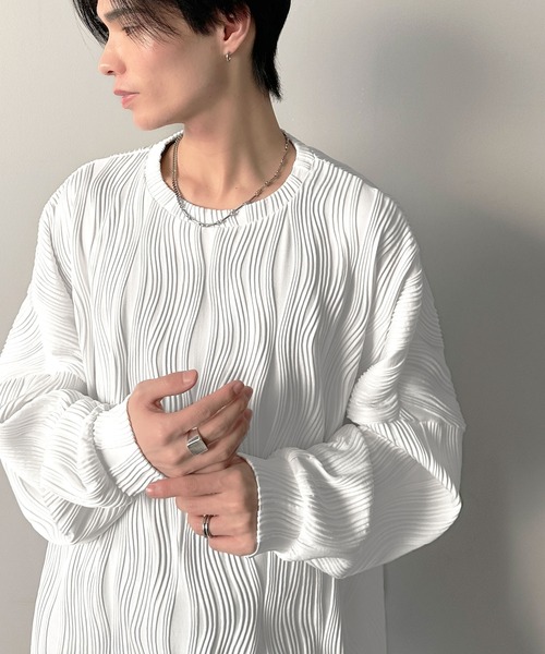 classicalelf（クラシカルエルフ）の「ゆるさとスタイリッシュを両立。オーバーサイズウェーブ柄ジャガード長袖Ｔシャツ（Tシャツ/カットソー・メンズ・ベージュ/チャコール/ブラック/オフホワイト・LARGE/MEDIUM/SMALL/X-LARGE）」の17枚目の写真