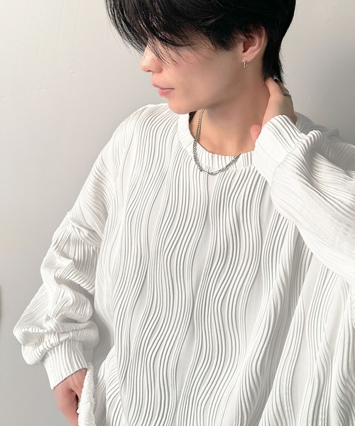 classicalelf（クラシカルエルフ）の「ゆるさとスタイリッシュを両立。オーバーサイズウェーブ柄ジャガード長袖Ｔシャツ（Tシャツ/カットソー・メンズ・ベージュ/チャコール/ブラック/オフホワイト・LARGE/MEDIUM/SMALL/X-LARGE）」の16枚目の写真