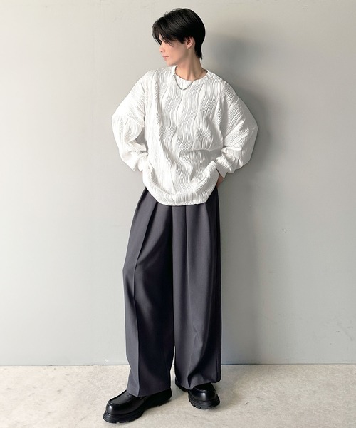 classicalelf（クラシカルエルフ）の「ゆるさとスタイリッシュを両立。オーバーサイズウェーブ柄ジャガード長袖Ｔシャツ（Tシャツ/カットソー・メンズ・ベージュ/チャコール/ブラック/オフホワイト・LARGE/MEDIUM/SMALL/X-LARGE）」の20枚目の写真