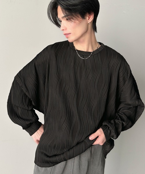 classicalelf（クラシカルエルフ）の「ゆるさとスタイリッシュを両立。オーバーサイズウェーブ柄ジャガード長袖Ｔシャツ（Tシャツ/カットソー・メンズ・ベージュ/チャコール/ブラック/オフホワイト・LARGE/MEDIUM/SMALL/X-LARGE）」の22枚目の写真