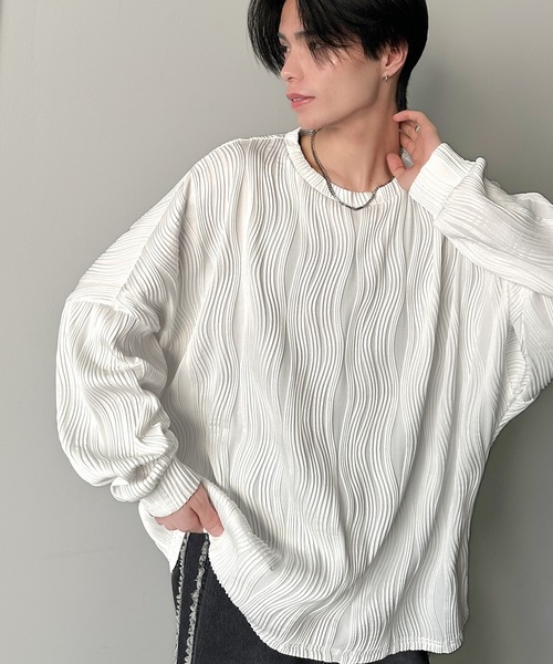 classicalelf（クラシカルエルフ）の「ゆるさとスタイリッシュを両立。オーバーサイズウェーブ柄ジャガード長袖Ｔシャツ（Tシャツ/カットソー・メンズ・ベージュ/チャコール/ブラック/オフホワイト・LARGE/MEDIUM/SMALL/X-LARGE）」の15枚目の写真