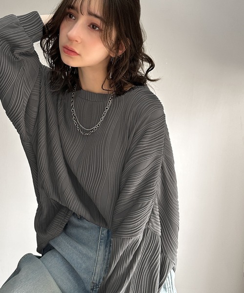 classicalelf（クラシカルエルフ）の「ゆるさとスタイリッシュを両立。オーバーサイズウェーブ柄ジャガード長袖Ｔシャツ（Tシャツ/カットソー・メンズ・ベージュ/チャコール/ブラック/オフホワイト・LARGE/MEDIUM/SMALL/X-LARGE）」の10枚目の写真