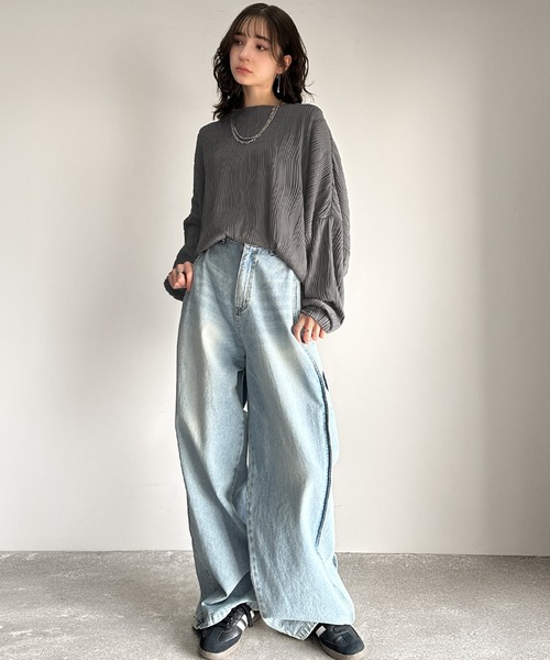 classicalelf（クラシカルエルフ）の「ゆるさとスタイリッシュを両立。オーバーサイズウェーブ柄ジャガード長袖Ｔシャツ（Tシャツ/カットソー・メンズ・ベージュ/チャコール/ブラック/オフホワイト・LARGE/MEDIUM/SMALL/X-LARGE）」の11枚目の写真