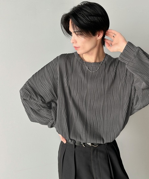 classicalelf（クラシカルエルフ）の「ゆるさとスタイリッシュを両立。オーバーサイズウェーブ柄ジャガード長袖Ｔシャツ（Tシャツ/カットソー・メンズ・ベージュ/チャコール/ブラック/オフホワイト・LARGE/MEDIUM/SMALL/X-LARGE）」の14枚目の写真