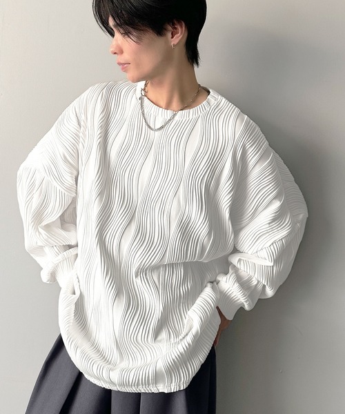 classicalelf（クラシカルエルフ）の「ゆるさとスタイリッシュを両立。オーバーサイズウェーブ柄ジャガード長袖Ｔシャツ（Tシャツ/カットソー・メンズ・ベージュ/チャコール/ブラック/オフホワイト・LARGE/MEDIUM/SMALL/X-LARGE）」の12枚目の写真