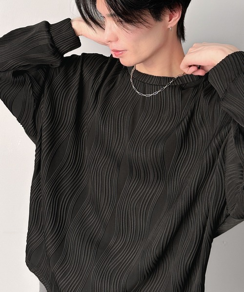 classicalelf（クラシカルエルフ）の「ゆるさとスタイリッシュを両立。オーバーサイズウェーブ柄ジャガード長袖Ｔシャツ（Tシャツ/カットソー・メンズ・ベージュ/チャコール/ブラック/オフホワイト・LARGE/MEDIUM/SMALL/X-LARGE）」の13枚目の写真