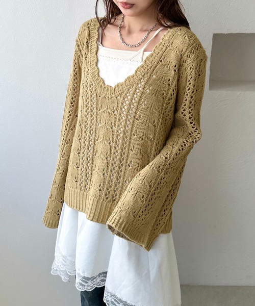 apres jour clair(アプレジュールクレア)の「【apres jour clair】透かし編みニット【ZOZOTOWN限定アイテム】(ニット/セーター・レディース・ブラウン系その他/アイボリー/グリーン系その他・X-LARGE/フリー)」の3枚目の写真