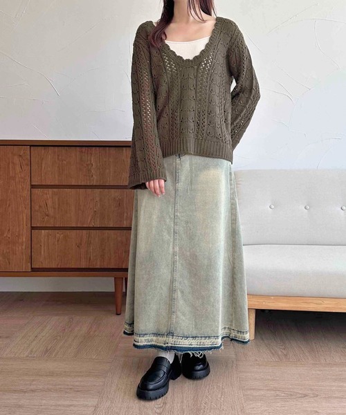 apres jour clair(アプレジュールクレア)の「【apres jour clair】透かし編みニット【ZOZOTOWN限定アイテム】(ニット/セーター・レディース・ブラウン系その他/アイボリー/グリーン系その他・X-LARGE/フリー)」の4枚目の写真