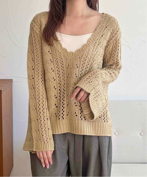 apres jour clair(アプレジュールクレア)の「【apres jour clair】透かし編みニット【ZOZOTOWN限定アイテム】(ニット/セーター・レディース・ブラウン系その他/アイボリー/グリーン系その他・X-LARGE/フリー)」の6枚目の写真