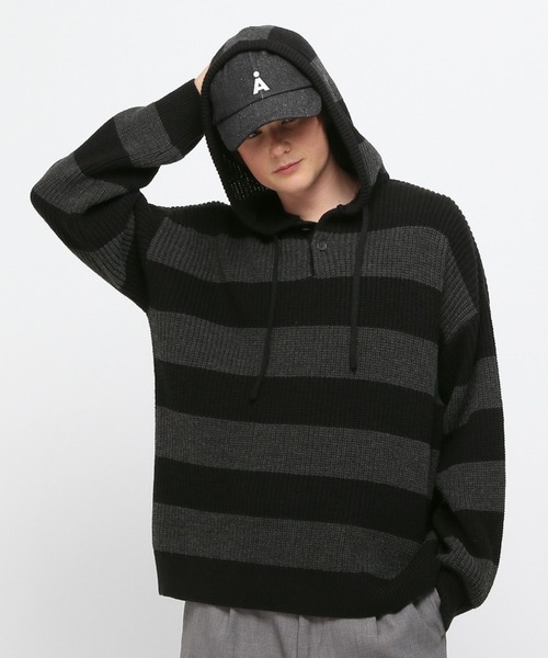 LAND MUSEUM(ランドミュージアム)の「LAND MUSEUM/ボーダーニットフーディー(ニット/セーター・メンズ・グレー/グリーン・FREE)」の22枚目の写真