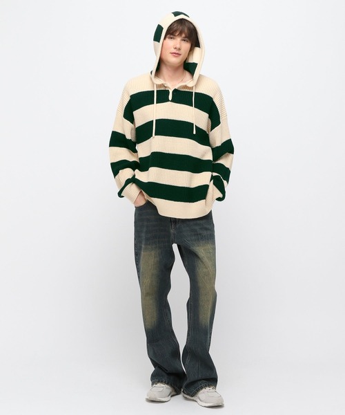 LAND MUSEUM(ランドミュージアム)の「LAND MUSEUM/ボーダーニットフーディー(ニット/セーター・メンズ・グレー/グリーン・FREE)」の14枚目の写真