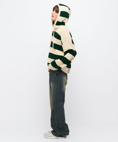 LAND MUSEUM(ランドミュージアム)の「LAND MUSEUM/ボーダーニットフーディー(ニット/セーター・メンズ・グレー/グリーン・FREE)」の15枚目の写真