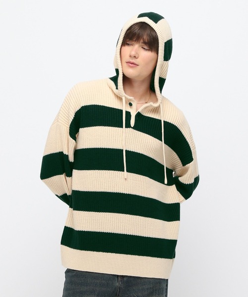 LAND MUSEUM(ランドミュージアム)の「LAND MUSEUM/ボーダーニットフーディー(ニット/セーター・メンズ・グレー/グリーン・FREE)」の17枚目の写真